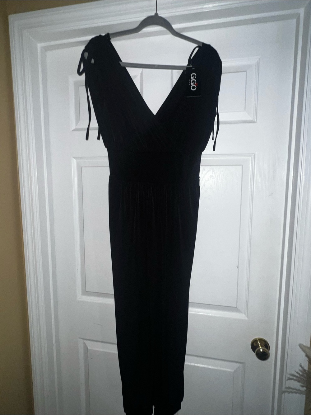 Gigio Black Jumpsuit with V-Neck, Tie Shoulder Straps and cuffed ankle